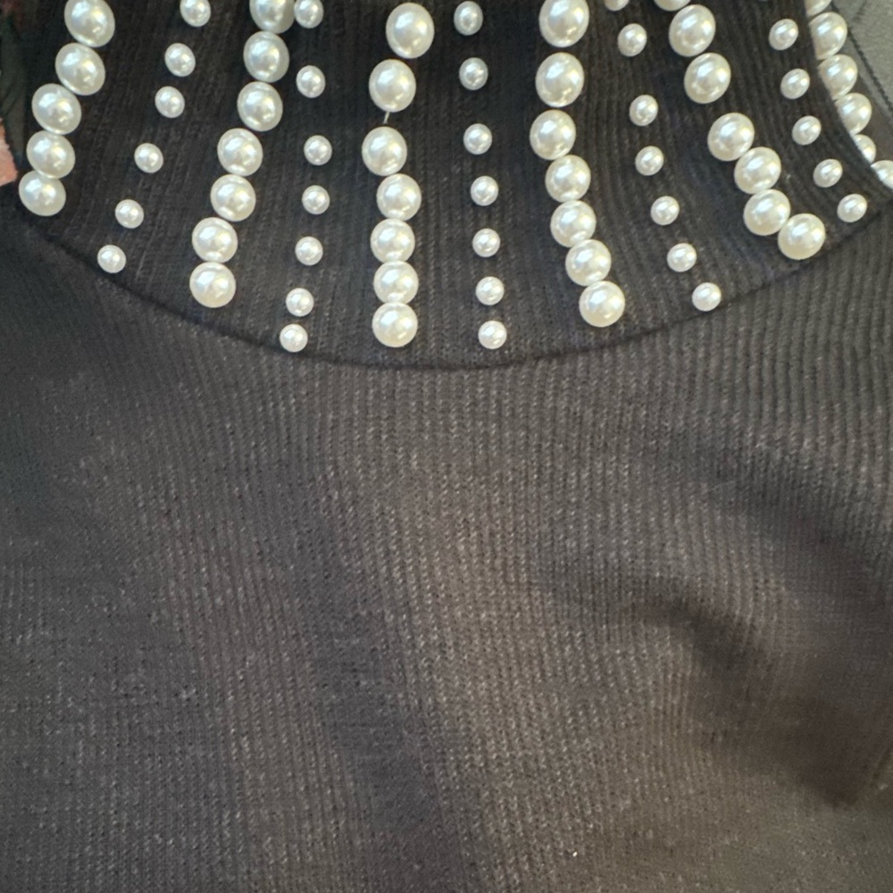 Pearl Embellished Mock Neck Black Sweater Dress Long Sleeve Size M | LBD - Picture 4 of 4
